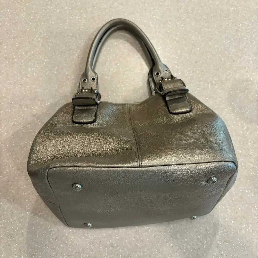 Tignanello Gold Metallic Silver Pebble Leather Magnetic Snap Hobo Bucket Handbag